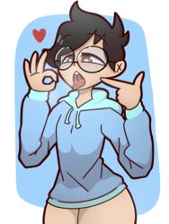 black_hair blue_background blue_jacket bottomless female glasses horny jacket minimal_background open_mouth small_breasts thick_thighs tongue_out wide_hips