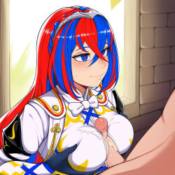 alear_(fire_emblem) alear_female_(fire_emblem) 1boy 1girl blue_eyes blue_hair blush braid breasts breasts_squeezed_together closed_mouth clothed_female_nude_male crossed_bangs crown_braid cum cum_on_body cum_on_breasts female gloves grabbing_own_breast hair_between_eyes hetero heterochromia large_breasts long_hair male multicolored_hair paizuri paizuri_under_clothes penis red_eyes red_hair smile solo_focus split-color_hair tiara two-tone_hair very_long_hair white_bowtie ai_generated uncensored fire_emblem
