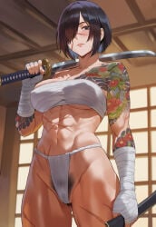 fundoshi sarashi bandage bandages bandaged_arm yakuza_tattoo yakuza solo sweat blush black_hair black_eyes scar scar_on_face scars_all_over toned_female muscular_female pubic_hair pubic_hair_peek see-through cameltoe dojo indoors holding_katana katana medium_breasts big_breasts covered_nipples ai_generated jagat_ai japanese_clothes female solo_female original original_character