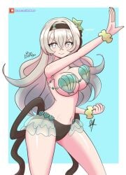 bikini confident curvy firefly_(honkai:_star_rail) honkai:_star_rail huge_breasts looking_at_viewer posing raydango seashell_bra swimsuit thick_thighs v-shaped_eyebrows wide_hips wrist_scrunchie
