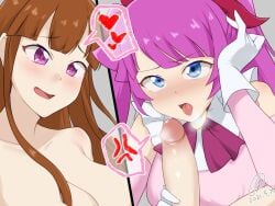 2girls 9rimson anger_vein blue_eyes blush breasts breath brown_hair dated double-parted_bangs dress futa_with_female futanari gloves goha_yuuka grabbing_another's_penis heart imminent_fellatio kirishima_romin large_breasts long_hair multiple_girls open_mouth parted_bangs penis pink_dress purple_eyes purple_hair signature smile spoken_anger_vein spoken_heart tongue tongue_out uncensored white_gloves yu-gi-oh! yu-gi-oh!_sevens yuka_goha