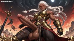 ai_generated nosai futanari futa_only 1futa dickgirl huge_cock huge_testicles huge_breasts veiny_penis veiny_balls looking_at_viewer powerful ambessa_medarda league_of_legends warrior armor dark-skinned_female dark-skinned_futa futadom dominant white_hair braided_hair long_hair scars red_eyes scowl thick_lips thick_penis muscular muscular_female muscular_futa bare_shoulders dominant_futa