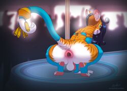 absurd_res anal anal_beads anthro anus armwear backsack balls bonk bottomless bottomless_anthro bottomless_male bra butt clothed clothing crossdressing crouching crowd digital_media_(artwork) feet felid femboy flaccid foreskin fur gaping gaping_anus genitals group hair hi_res humanoid_genitalia humanoid_penis legwear looking_at_viewer looking_back male mammal pantherine partially_retracted_foreskin penis plantigrade pole rear_view sex_toy smile soles spread_legs spreading stage stirrup_legwear stirrup_stockings stockings strip_club stripper stripper_pole tail teeth tiger toes underwear