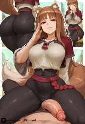 holo_(spice_and_wolf) holo sitting_on_person sitting_on_lap ass_job ass_focus fat_ass naughty_face wolf_girl kemonomimi floresai patreon patreon_username patreon_url ai_generated big_ass looking_at_viewer 1girls 1boy wide_hips teasing narrow_waist thick_thighs