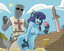 1boy 1boy1girl 1girls ambiguous_penetration armor blue_hair blue_skin boobs chest cleric clothed_male critical_role critical_role:_the_mighty_nein crusader demon donut female food from_behind_position gloves handwear headgear helmet humanoid jester_lavorre large_breasts medieval_armour mostly_nude nude_female outdoor_sex outdoors ragingbarbarians root_sword sex sky sword tiefling weapon