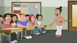 alternate_breast_size animated big_breasts brown_skin chris_griffin clothing dancing edit family_guy female glasses huge_breasts italian_teacher italian_teacher_(family_guy) lactating lactation meg_griffin milk multiple_males poivoit public screenshot screenshot_edit teacher topless