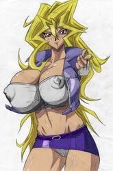 1girls beltskirt big_breasts blonde_hair breasts busty cleavage eyelashes female huge_breasts large_breasts looking_at_viewer mai_valentine miniskirt nipple_bulge panties purple_eyes purple_miniskirt shiny_breasts shiny_hair shiny_skin shounen_jump spiky_hair sweat thick thick_legs thick_thighs very_long_hair voluptuous white_background white_panties yu-gi-oh! yu-gi-oh!_duel_monsters zahkey