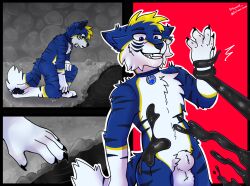 animal_genitalia anthro artywolf blue_body blue_eyes blue_fur bluefiger canid canine canis cave fur genitals hi_res latex living_latex male mammal plant sheath solo stripes tentacles wolf