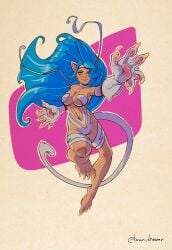 darkstalkers felicia_(darkstalkers) female female_only solo solo_female catgirl brian_shearer revealing_clothes claws paws breasts big_breasts blue_hair cat_ears cat_tail barefoot belly_button pose action_pose
