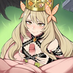 celine_(fire_emblem) 1boy 1girl crown after_paizuri bare_shoulders blonde_hair blush breasts breasts_squeezed_together butterfly_hair_ornament closed_mouth clothed_female_nude_male cum cum_on_body cum_on_breasts dress facial female gem grass hair_ornament hands_on_own_breasts hetero lipgloss long_hair male paizuri penis small_breasts smile solo_focus yellow_eyes ai_generated uncensored fire_emblem