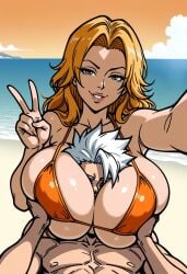 rangiku_matsumoto hitsugaya_toushirou selfie ai_generated huge_breasts head_between_breasts suffocation naughty_face bra redhead v_sign