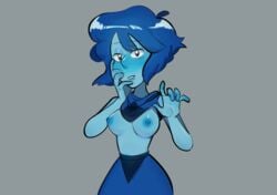 1girls blue_hair blue_skin blush breasts clothes_lift female grey_background lapis_lazuli_(steven_universe) lifted_by_self medium_breasts nipples presenting_breasts smokyholes solo steven_universe