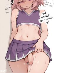 0rever 1boy 1femboy 2026 ai_generated astolfo_(fate) cheerleader cheerleader_outfit cheerleader_uniform fate/grand_order fate_(series) femboy lifting_skirt light-skinned_male male male_only penis precum shy skirt_lift solo text text_box