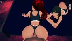 1boy 2girls animated ass ass_jiggle atlus blacked blacked_clothing bob_cut bouncing_ass brown_hair evaan giddora kasumi_yoshizawa koikatsu makoto_niijima persona_5 persona_5_royal ponytail red_eyes red_hair sumire_yoshizawa tagme video
