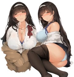 1girls absurdres bare_shoulders black_pantyhose blue_bra blue_panties blunt_bangs blush bow bra bra_visible_through_clothes breasts brown_cardigan brown_eyes brown_hair cardigan checkered_bow checkered_clothes checkered_neckwear cleavage closed_mouth clothes_lift collarbone collared_shirt commentary_request dress_shirt girls'_frontline hairband heart highres jewelry large_breasts long_hair looking_at_viewer multiple_views necklace nose_blush off_shoulder open_mouth panties pantyhose revision ribbon school_uniform shirt simple_background sitting skirt skirt_lift smile sweater syotastar thighhighs thighs type_95_(girls'_frontline) unbuttoned unbuttoned_shirt underwear unworn_pantyhose unworn_shirt unworn_sweater white_background white_hairband white_shirt window