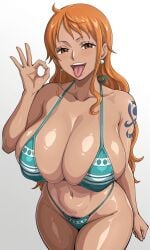 1girl 1girls ai_generated big_breasts bikini curvy curvy_female curvy_figure female female_only huge_breasts large_breasts light-skinned_female light_skin nami_(one_piece) ok_sign one_piece open_mouth orange_eyes orange_hair shao145 shiny_skin solo solo_female tanned tanned_female tanned_skin tongue tongue_out