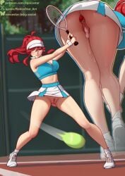 1girl alternate_costume aqua_sports_bra ass ball bent_over bluesky_username breasts butt_plug cleavage closed_mouth commentary cum cum_in_pussy cumdrip day female_pubic_hair glasses knees long_hair lorelei_(pokemon) multiple_views outdoors outline patreon_username pokemon pokemon:_let's_go_pikachu!_and_let's_go_eevee! ponytail pubic_hair racket red_eyes red_hair roncostar sex_toy shoes sidelocks skirt smile sneakers socks sports_bra tennis tennis_ball tennis_racket twitter_username uncensored underwear visor_cap watermark web_address white_shoes white_skirt white_socks zipper_pull_tab