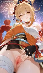 shineinsfw artist:shineinsfw yoimiya_(genshin_impact) genshin_impact ai_generated front_view low_angle panties_aside topless_clothed orange_kimono sarashi bandages pussy tattoo blonde_hair gold_eyes smile tongue_out solo fireworks night shiny_skin
