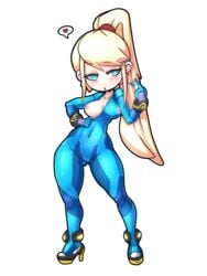 1girls ass_visible_through_thighs bangs blonde_hair blue_eyes blush bodysuit bracelet breasts come_hither elquijote eyebrows_visible_through_hair eyelashes female flashing glowing heart high_heels highres index_finger_raised inviting long_hair metroid nintendo nipples one_breast_out ponytail revision rocket_heels samus_aran sidelocks solo very_long_hair wide_hips zero_suit zero_suit_samus