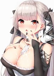 1girls azur_lane between_breasts black_dress blush breasts cleavage cum cum_in_mouth cum_on_body cum_on_breasts cum_on_upper_body dombear dress earrings female female_only formidable_(azur_lane) frilled_dress frills grey_hair hair_ribbon highres jewelry large_breasts light-skinned_female light_skin long_hair pantyhose red_eyes ribbon royal_navy_(azur_lane) solo twintails two-tone_dress two-tone_ribbon two-tone_ribbons