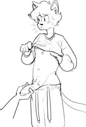 2019 anthro canid canine chest_tuft clothed clothing clothing_lift embarrassed exposed hair hi_res humanoid_penis looking_away male mammal nipples partially_clothed penis pochowek shirt shirt_lift sketch topwear tuft uncut