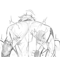 1boy 1girl 1girls back back_view bite bite_mark bite_mark_on_thigh bite_marks canon_couple dean_niexxz06 hands_on_back larger_male meryl_stryfe scars scars_on_back smaller_female trigun vash_the_stampede wholesome wholesome_instant_loss wholesome_sex