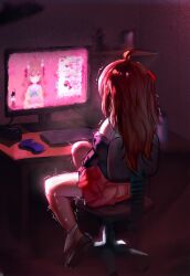 2girls ahoge black_shirt borzoii chair chat_log computer evil_neuro-sama facing_away female_masturbation hair_ribbon highres incest leg_up livestream masturbation medium_hair multiple_girls neuro-sama panties panties_around_one_ankle pussy_juice red_ribbon red_skirt ribbon shirt sitting skirt trembling twintails underwear vedal_ai virtual_youtuber white_panties