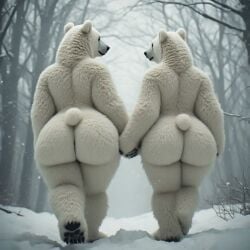 ai_generated animated anthro big_butt butt_focus female female/female furry holding_hands oxandi polar_bear realistic snow standing tagme ursid video walking