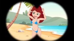 arms_up beach beach_background big_breasts bikini blue_bikini blue_bikini_bottom blue_bikini_top blue_thong green_eyes harassment maestra_paloma micro_bikini micro_panties pepitolaminiserie red_hair seductive sexy sexy_body sexy_female sexy_pose smile smiling spying string_bikini string_bra string_panties thong_bikini thong_underwear voyeur voyeur_pov voyeurism