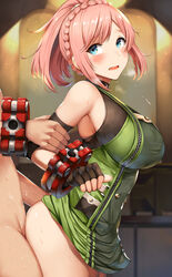 1boy 1girls arm_held_back bangs bare_shoulders belko black_gloves blue_eyes blush braid breasts clothed_sex crown_braid cuffs daiba_canon dress female fingerless_gloves gloves god_eater god_eater_burst green_dress highres large_breasts lolicept looking_at_viewer looking_back open_mouth pink_hair ponytail rape sex short_hair sidelocks standing standing_sex straight sweat thighs