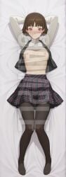 ai_generated tagme watermark hi_res highres high_resolution patreon sleeplessnighty 1girls solo solo_focus female full_body looking_at_viewer lying dakimakura lying_on_back persona persona_5 makoto_niijima brown_hair red_eyes breasts nipples arms_up clothing clothed