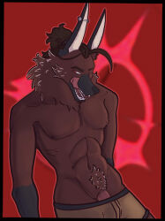 2026 anthro black_body black_fur black_nose brown_body brown_fur brown_hair canid canine clothed clothing digital_drawing_(artwork) digital_media_(artwork) ear_piercing english_description fur genitals hair hi_res industrial_piercing licking licking_lips looking_at_viewer male mammal maned_wolf moscoviumdraws muscular muscular_anthro muscular_male navel nipples open_mouth partially_clothed pecs penis piercing pubes red_eyes sharp_teeth solo talos_(moscoviumdraws) teasing teeth tied_hair tongue tongue_out underwear underwear_down underwear_only white_inner_ear