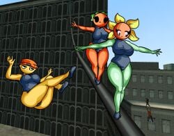 3d_background 3d_model 3girls 3girls1boy arms_at_sides ass balancing beanie black_eyes bored_expression breasts brown_eyes buildings chetoh clothed_female clothed_male craig_(chetoh) fell_down female female_focus frown frowning garry's_mod green_body hanging_on in_air leaf leaf_hair lemon leotard looking_down male mandy_(chetoh) oc orange_beanie orange_body original original_character original_characters poppy_(chetoh) shoes sunflower tightrope tightrope_walking tongue tongue_out yellow_body
