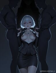 nyx_x ai_generated nipple_piercing breasts nipples skirt tattoo multiple_boys barcode_tattoo short_hair barcode piercing shirt open_clothes hetero pencil_skirt penis black_skirt blue_eyes 2boys jacket holding hair_between_eyes group_sex suit breasts_out white_hair open_mouth white_shirt 1girl trembling handjob bangs pants formal looking_at_viewer open_shirt black_jacket skirt_suit standing collarbone medium_breasts threesome solo_focus long_sleeves upper_teeth_only miniskirt collared_shirt necklace teeth multiple_penises double_handjob black_background uncensored jewelry erection mmf_threesome lips open_jacket