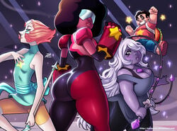 1boy 3girls afro alien alien_girl amethyst_(steven_universe) ass big_ass cartoon_network cleavage darkereve female garnet_(steven_universe) gauntlets gem_(species) gem_fusion humanoid male pearl_(steven_universe) pose shiny_clothes skin_tight spear steven_universe thick thick_thighs whip wide_hips
