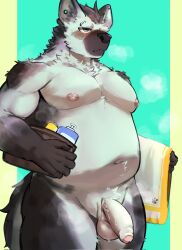 1boy arknights ass bara belly biceps black_hair blush bucket closed_mouth commentary completely_nude ear_piercing eyebrow_piercing face_piercing flaccid foreskin furry furry_male grey_fur highres holding holding_bucket holding_towel hyena_boy hyena_ears hyena_tail looking_to_the_side male_focus navel nipples nude paw_print pectorals penis piercing plump shampoo_bottle spot_(arknights) steaming_body testicles towel untranslatable_commentary xialou_xl