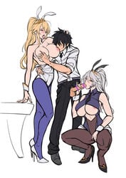 1boy 2girls animal_ears areola_slip areolae arm_around_waist artoria_pendragon artoria_pendragon_(lancer) artoria_pendragon_(lancer_alter) artoria_pendragon_(swimsuit_ruler) bangs bare_shoulders belt black_footwear black_hair black_neckwear blonde_hair blue_legwear blush breast_grab breast_sucking breasts breasts_out bunny_ears bunny_girl bunnysuit cleavage closed_eyes collared_shirt commentary_request crown dress_shirt erection fate/grand_order fate_(series) female fujimaru_ritsuka_(male) grabbing hair_between_eyes high_heels high_ponytail holding_another's_head large_breasts leotard long_hair male multiple_girls nipples open_mouth pantyhose penis ponytail shirt silver_hair sleeves_rolled_up squatting straight sucking table testicles tongue tongue_out tsuki_no_i-min underboob unzipped white_footwear white_leotard wrist_cuffs yellow_eyes