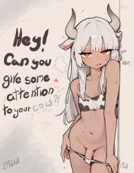 0rever 1boy 2026 ai_generated cow_ears cow_horns cow_print_bikini dark-skinned_femboy dark-skinned_male dark-skinned_sissy dark_skin femboy femboy_focus femboy_only male_only oc original original_character shy small_penis solo text text_box