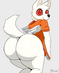 1boy 1male anthro ass atlus big_ass big_butt canine clothing dog domestic_dog fat_ass fur gay hoodie koromaru_(megami_tensei) looking_at_viewer looking_back male male_only male_solo megami_tensei miso_souperstar persona persona_3 presenting presenting_hindquarters rear_view solo thick_thighs video_games white_fur