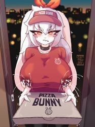 anthro big_breasts blush bodily_fluids box breasts cattowsky clothing container curvy_figure delivery_(commerce) domestic_rabbit female food_delivery frustrated fur hi_res lactating lactating_through_clothing lagomorph leporid lop_rabbit mammal nipple_outline oryctolagus pizza_box pizza_delivery rabbit red_eyes shea_(blackmetalbnuuy) solo wet wet_clothing white_body white_fur