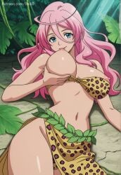 ai_generated animal_print breasts_out cave_girl cavegirl cavewoman deik0 jungle jungle_girl large_breasts leopard_print_bikini long_hair lying on_back outdoors pink_hair saria shinka_no_mi solo sucking_nipples sucking_own_breasts tarzan the_fruit_of_evolution tribal