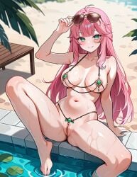 1girls 2d ai_generated aivy_lovencraft areolae beach big_breasts bikini breasts eyewear_on_head female female_only gem green_eyes hispanic_virtual_youtuber indie_virtual_youtuber latam_virtual_youtuber light-skinned_female light_skin looking_at_viewer micro_bikini monocle navel pink_hair pink_nipples pool sunglasses thighs vtuber young younger_female
