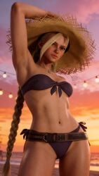 1girls 3d abs ai_generated armpits athletic_female athletic_physique aveen_lie beach bikini bikini_bottom bikini_top blonde_hair blue_eyes braid braided_hair cammy_white cammy_white_(street_fighter_6) capcom cleavage detailed_background evening game_character highres long_hair looking_at_viewer muscular muscular_female navel ocean oiled oiled_skin outdoors sky solo straw_hat street_fighter street_fighter_6 string_lights sunset sweat tan_body thighs toned toned_female waterdrops wet_skin wide-brimmed_hat wide_hips