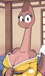 original brandi_(jurassiczalar) brandi_brachiosaurus brachiosaurus dinosaur dinosaur_girl ai_generated ai ai_art ai-created pixai big_breasts voluptuous voluptuous_female cute looking_at_viewer kimono east_asian_architecture east_asian_clothing tagme undressing undressing_self self_upload anthro anthro_female covered_nipples jurassiczalar