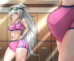 1futa abs aek-999_(girls'_frontline) blush breasts bulge futa_only futanari girls'_frontline googles grey_hair milssak mirror muscular_futanari solo sports_bra sportswear thick_thighs yellow_eyes