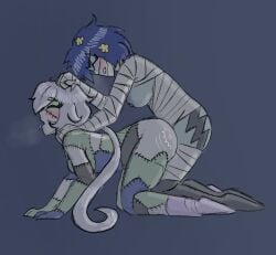 bandages blushing boobs boobs_out breasts crocodilianbooty doggy_style eyes_closed hair_ornament hair_pulling implied_futa implied_penetration konno_junko mizuno_ai naked_female patchwork_skin side_view simple_background socks_only tongue_out twintails_(hairstyle) visible_breath yuri zombie zombie_girl zombie_land_saga