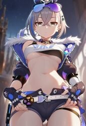 silver_wolf_(honkai:_star_rail) honkai:_star_rail hoyoverse mihoyo ai_generated lunealter 1girls female female_only female_focus looking_at_viewer neutral_expression sfw 2026 midriff exposed_midriff medium_breasts gray_hair gray_eyes thick_thighs thick_legs thick_hips big_thighs belly_button light_skin light-skinned_female
