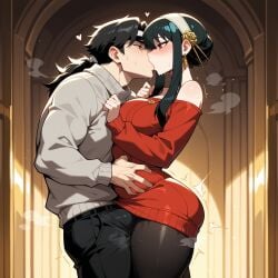 ai_generated lunaart 1boy 1girl black_hair clothing female male spy_x_family pantyhose yor_briar breasts hetero red_sweater red_eyes sweater headwear bangs blush kiss husband_and_wife large_breasts hairband plump jewelry bulge off-shoulder_sweater belly_grab erection_under_clothes long_hair from_side sweater_dress bare_shoulders earrings pants sidelocks sweat dress long_sleeves off_shoulder pregnant french_kiss thighs white_hairband standing thick_thighs belly black_pants hand_on_another's_stomach indoors black_pantyhose erection gold_earrings couple big_belly looking_at_another ass height_difference stomach_bulge