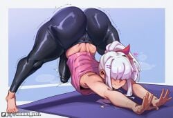 1boy ai_generated ass barefoot black_pants blush breasts bulge covered_penis covered_testicles erection erection_under_clothes flexible full_body futanari hair_ornament hair_over_eyes hairclip heart horny_veil huge_ass leggings long_hair male_focus original_character otoko_no_ko pants penis ponytail smile solo sports_bra spread_legs stretching sweat thick_thighs thighs tight_clothes tomboy top-down_bottom-up trap trembling veil_(horny_veil) white_hair wide_spread_legs yoga_pants