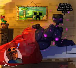 ass bed black_thighs blush ender enderman enderwoman female light-skinned_female light_skin minecraft mob_talker pale-skinned_female pale_skin phantomboy900 purple_eyes solo